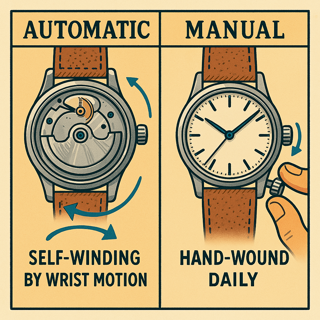 Diagram showing the differences between automatic and manual winding mechanisms in watches