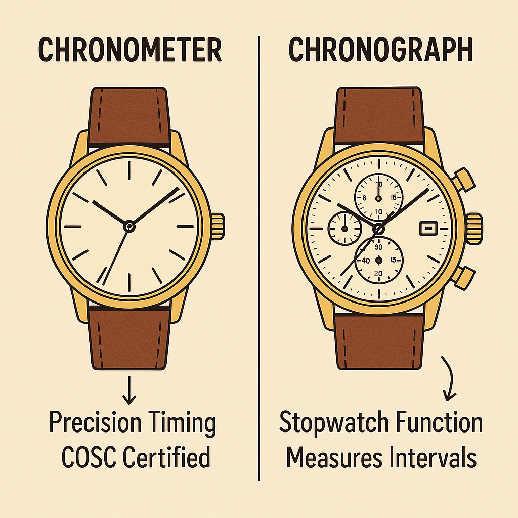 Visual comparison between a chronometer and a chronograph watch, highlighting their key differences